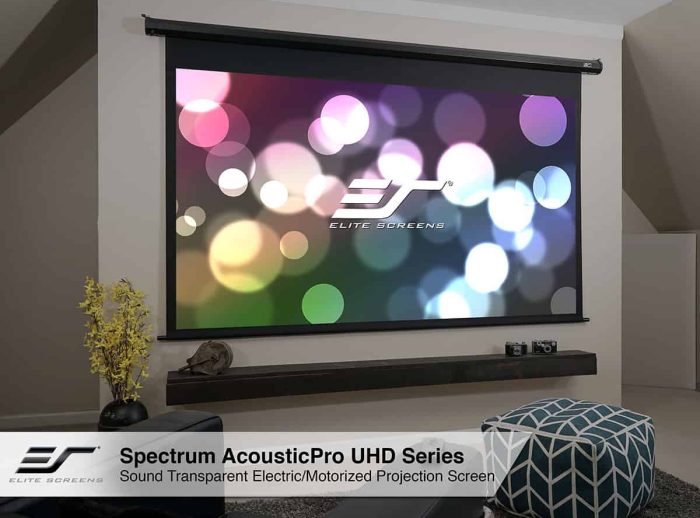 Spectrum AcousticPro UHD Series Projector Screen Elite Screens acoustic transparent projector screen for high-quality audio and video display.
