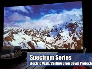 Spectrum Series electric projector screen with mountain landscape display.