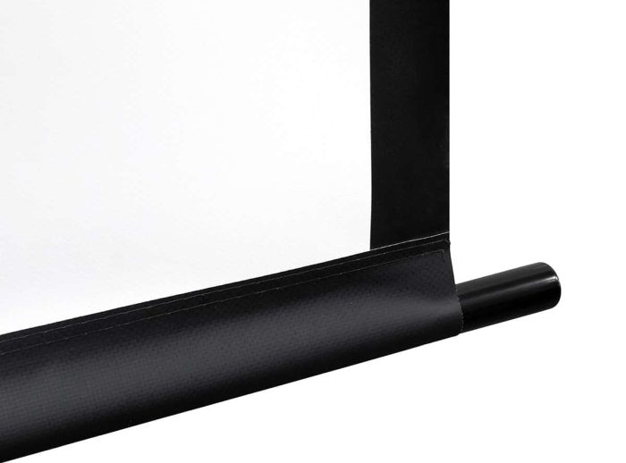 Elite Screens Projection Screen Frame Projection screen with black casing and mounting pole.