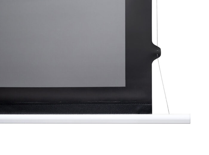 Elite Screens Projector Screen Projector screen with sleek black border and white casing for home theater or presentation use.