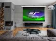 Large projector screen in modern living room for home theater setup.
