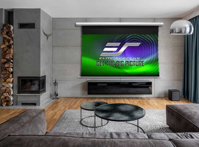 Elite Screens Home Theater Projector Screen Large projector screen in modern living room for home theater setup.