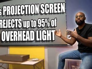 Starling Tab-Tension CLR® motorized projection screen blocking overhead light.