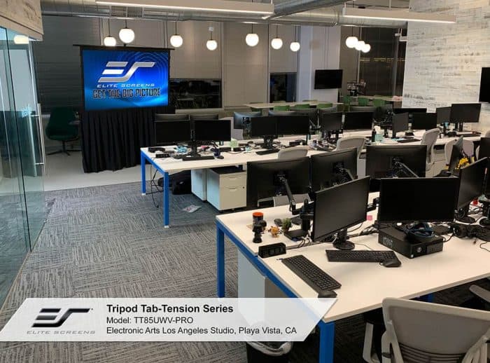Elite Screens Projector Screens Elite Screens large projector screen in modern conference room.