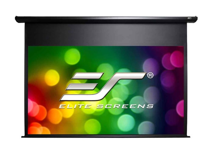 Projection Screen with Elite Screens logo and colorful bokeh background. Projection screen with Elite Screens branding and vibrant, colorful background.
