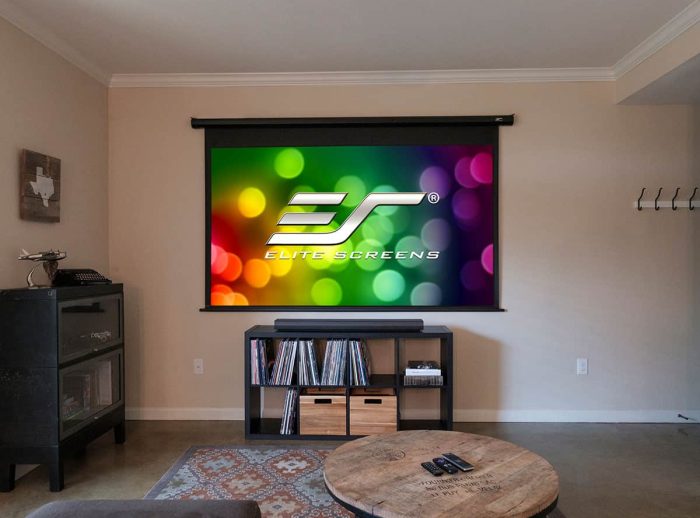 Elite Screens Projector Screens Elite Screens projector screen with colorful bokeh background for home theater.