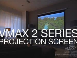 Elite Screens VMAX 2 Series projector screen in a home theater setup.