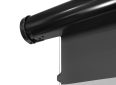 Motorized projector screen with black casing and sleek design for home theater setups.