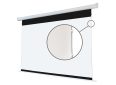Motorized projector screen with sleek white casing and black borders for home or office use.