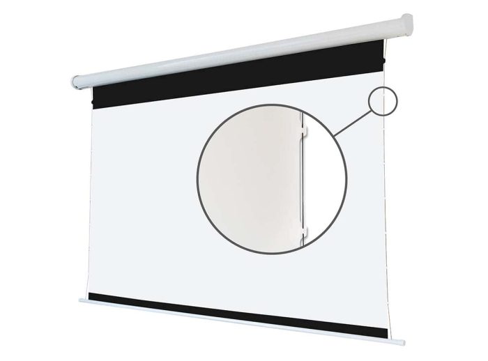 Elite Screens Motorized Projector Screen Motorized projector screen with sleek white casing and black borders for home or office use.
