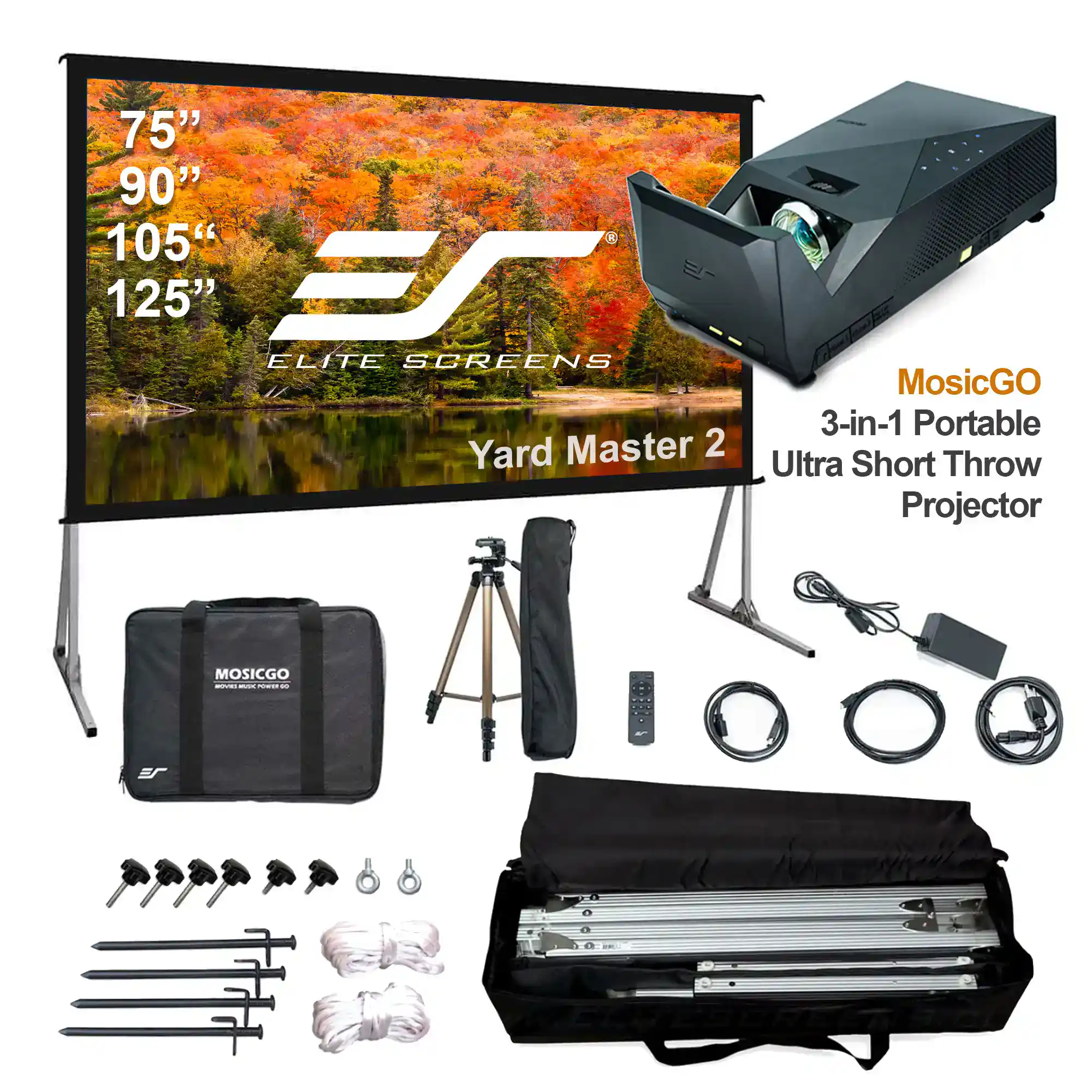 Elite Screens portable ultra short throw projector with accessories and screen.