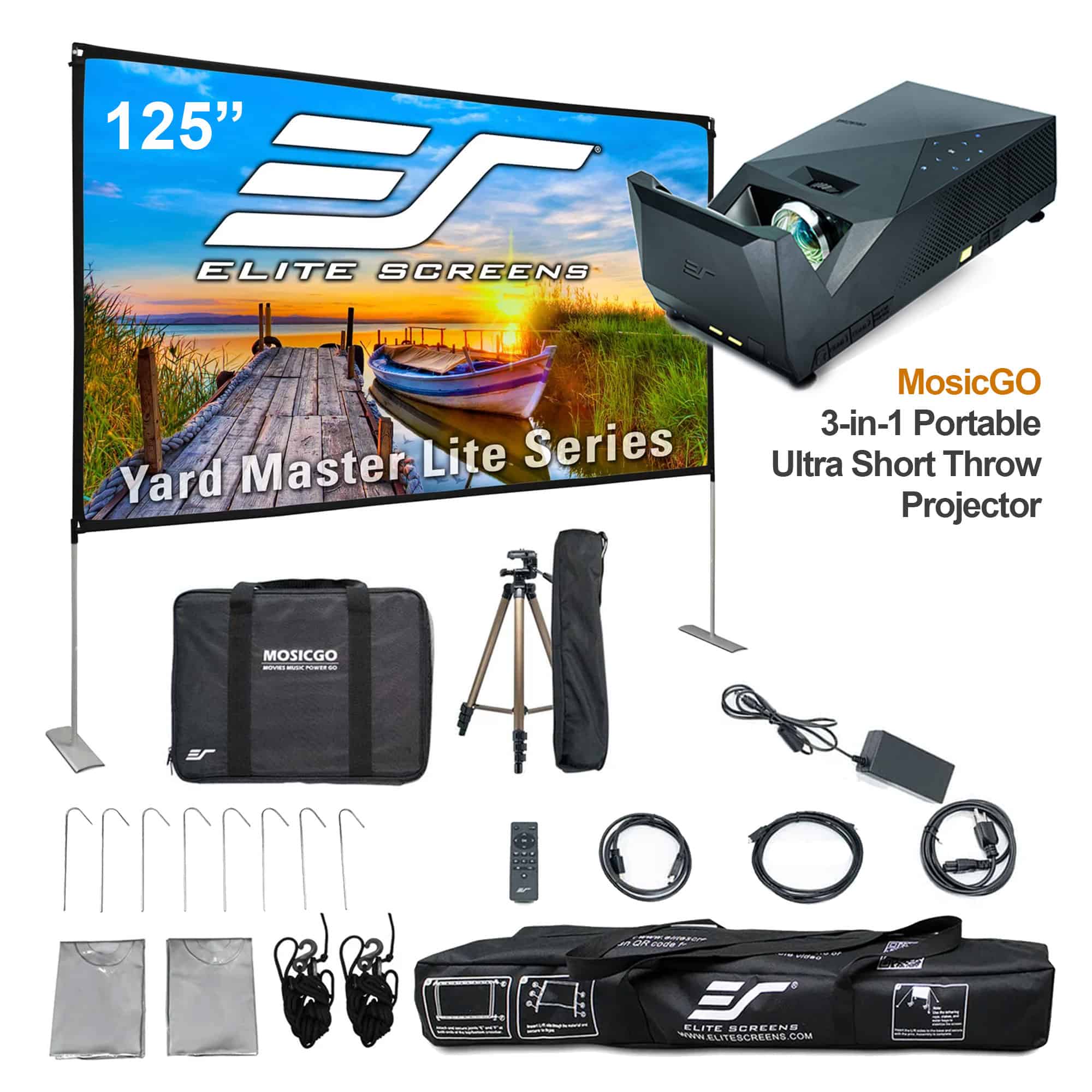 Elite Screens Yard Master Lite Series 125" portable projector screen with accessories.