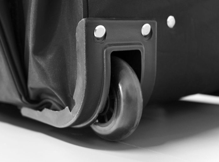 Projector Screen with Rolling Stand Close-up of projector screen wheel and support frame for easy mobility.