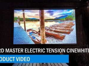 Electric projector screen with tensioned CineWhite® surface for clear images.