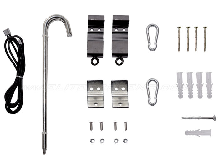 YardMasterManual10 Hardware kit (wall/ceiling brackets | wood screws/anchors | stakes | elastic rope | hooks)