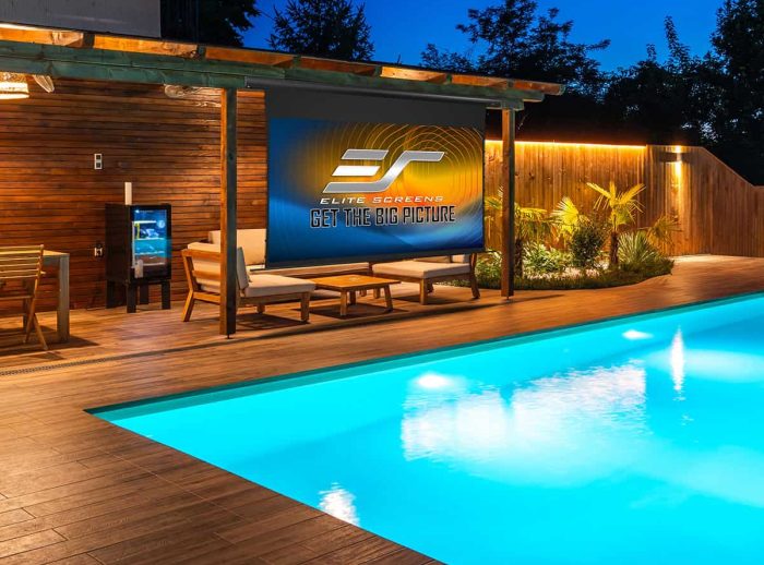 Elite Screens Outdoor Projector Screen Outdoor projector screen for poolside entertainment and movies.