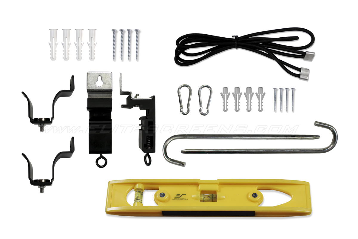 Installation Kit - Anchors and Screws | Flush wall/ceiling Brackets | Magnetic Weight Bar Brackets | Curved Nails | Elastic String | Hooks | Bubble Leveler