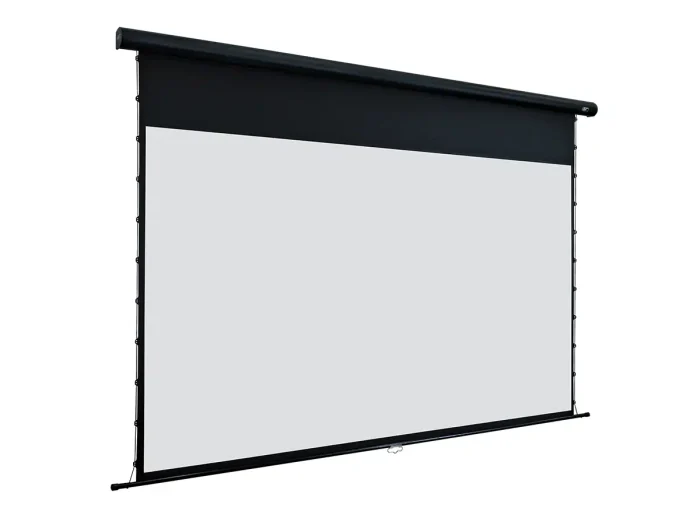 Elite Screens Projector Screen for Home Theater Elite Screens projector screen with black casing and white viewing surface.