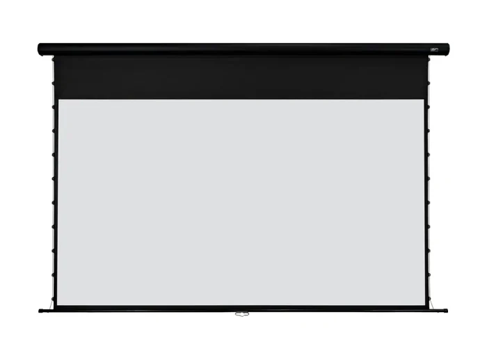 Elite Screens Projector Screen for Home Theater Elite Screens projector screen with black casing and white projection surface.