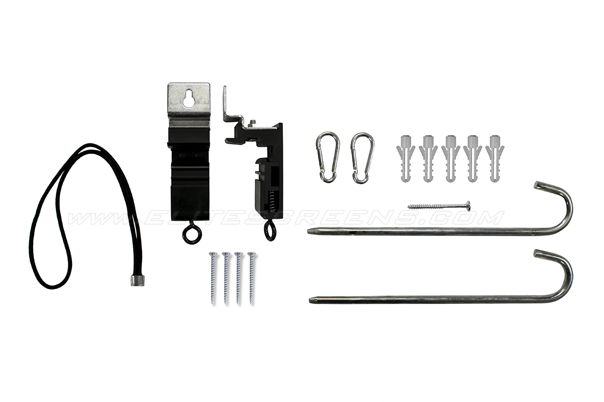 Hardware kit (wall/ceiling brackets | wood screws/anchors | stakes | elastic rope | hooks)