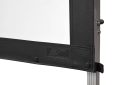 Close-up of black frame and corner of Elite Screens portable projector screen.