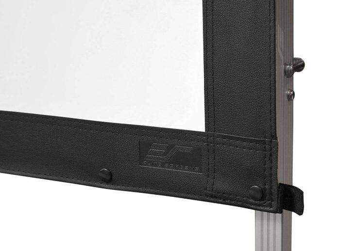 Elite Screens Portable Projector Screen Close-up of black frame and corner of Elite Screens portable projector screen.