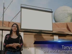 Yard Master Electric Series outdoor projector screen with a woman standing nearby.