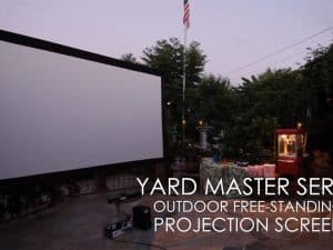 Yard Master Series outdoor free-standing projection screen for home theater and outdoor movie nights.