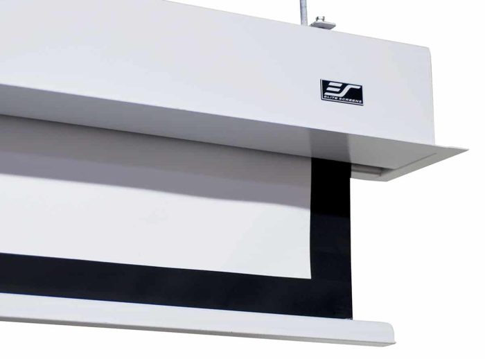Elite Screens Projector Screen in Modern Office Modern white projector screen with black border for presentations and home theaters.