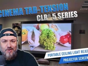 Elite Screens Tab-Tension CLR 5 Series projector screen with portable ceiling light rejection.