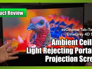 Portable ambient ceiling projection screen with light-rejecting technology.