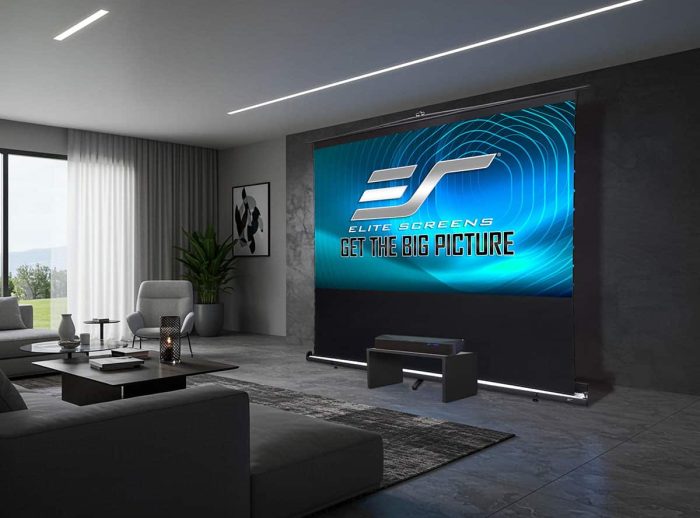 Elite Screens Home Theater Projector Screen Large projector screen for home theater with sleek design and vibrant display.