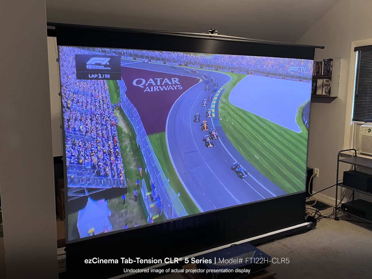 High-quality projector screen displaying a Formula 1 race for home entertainment.