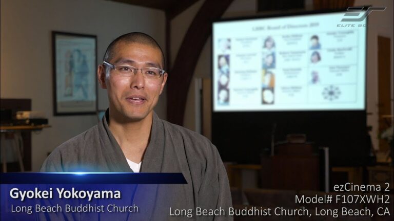 Elite Screens ezCinema 2 (F107XWH2) “free-standing” portable pull-up projection screen in Long Beach Buddhist Church