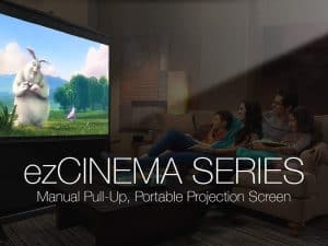 EzCinema Series projector screen with family watching movies at home.